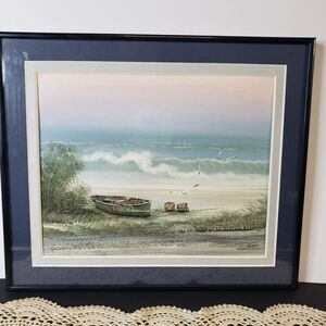 Beautiful Vintage Coastal Seascape with Boat Framed Signed Watercolor 12x10